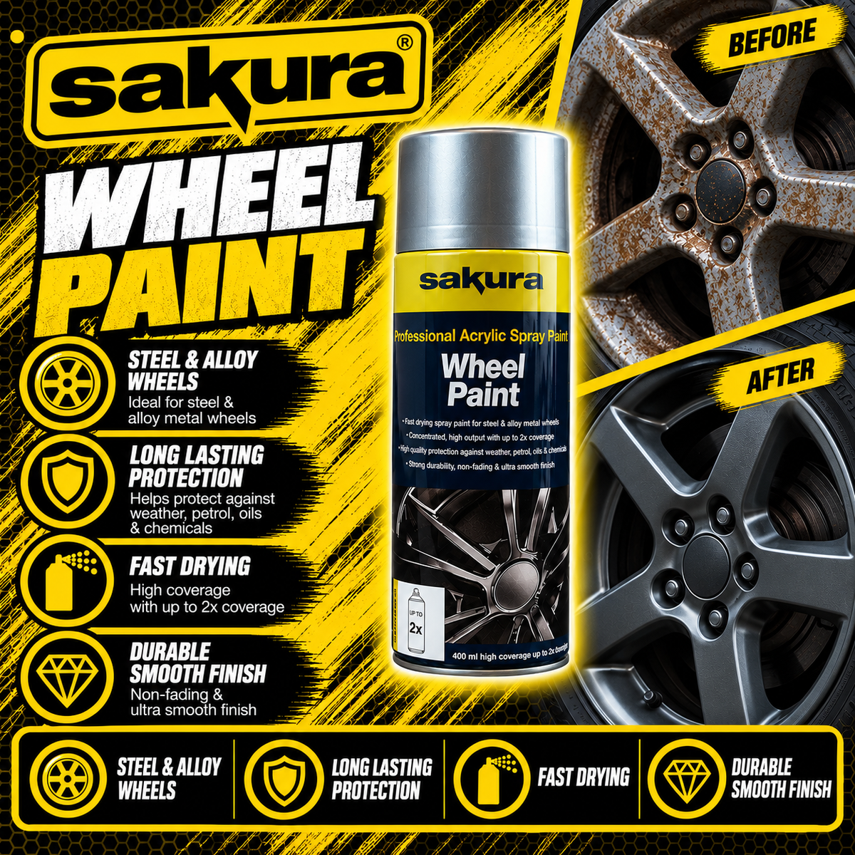 Sakura Silver Wheel Paint 400ml – Steel & Alloy Wheel Spray Paint
