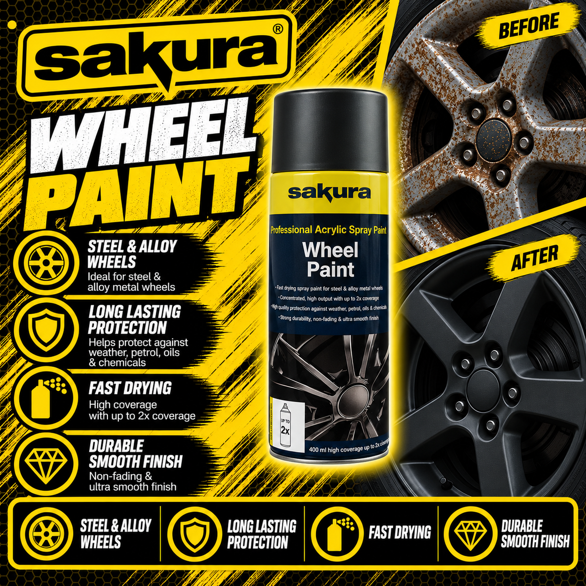 Sakura Matt Black Wheel Paint 400ml aerosol