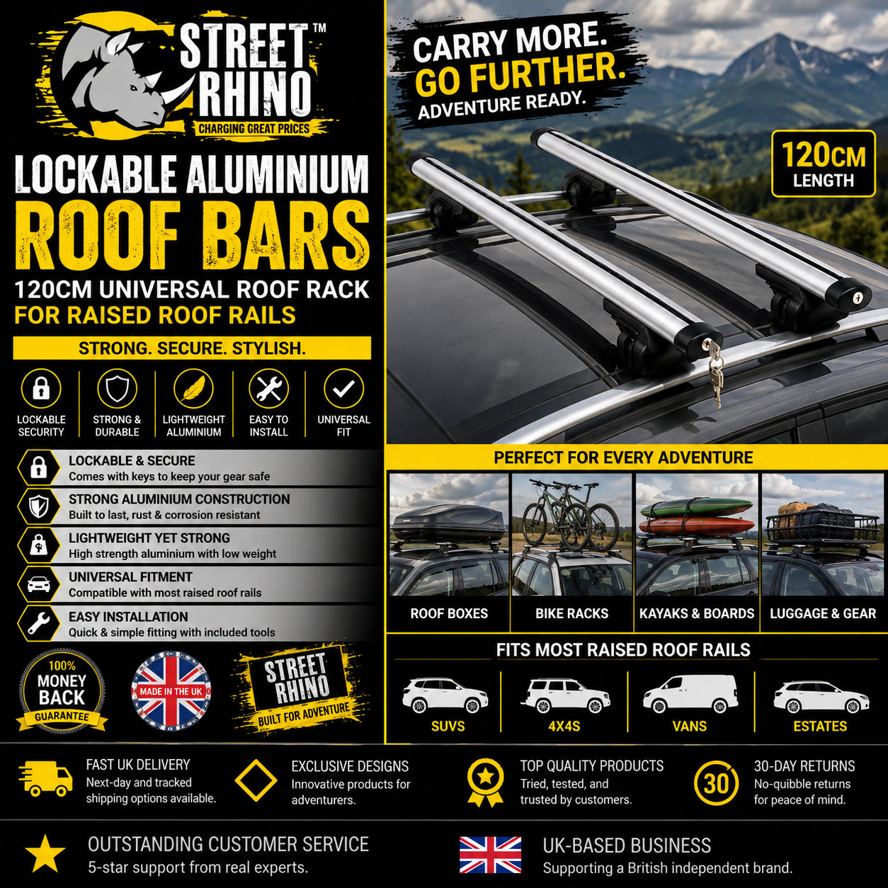 120cm Heavy Duty Universal Aluminium Roof Bars