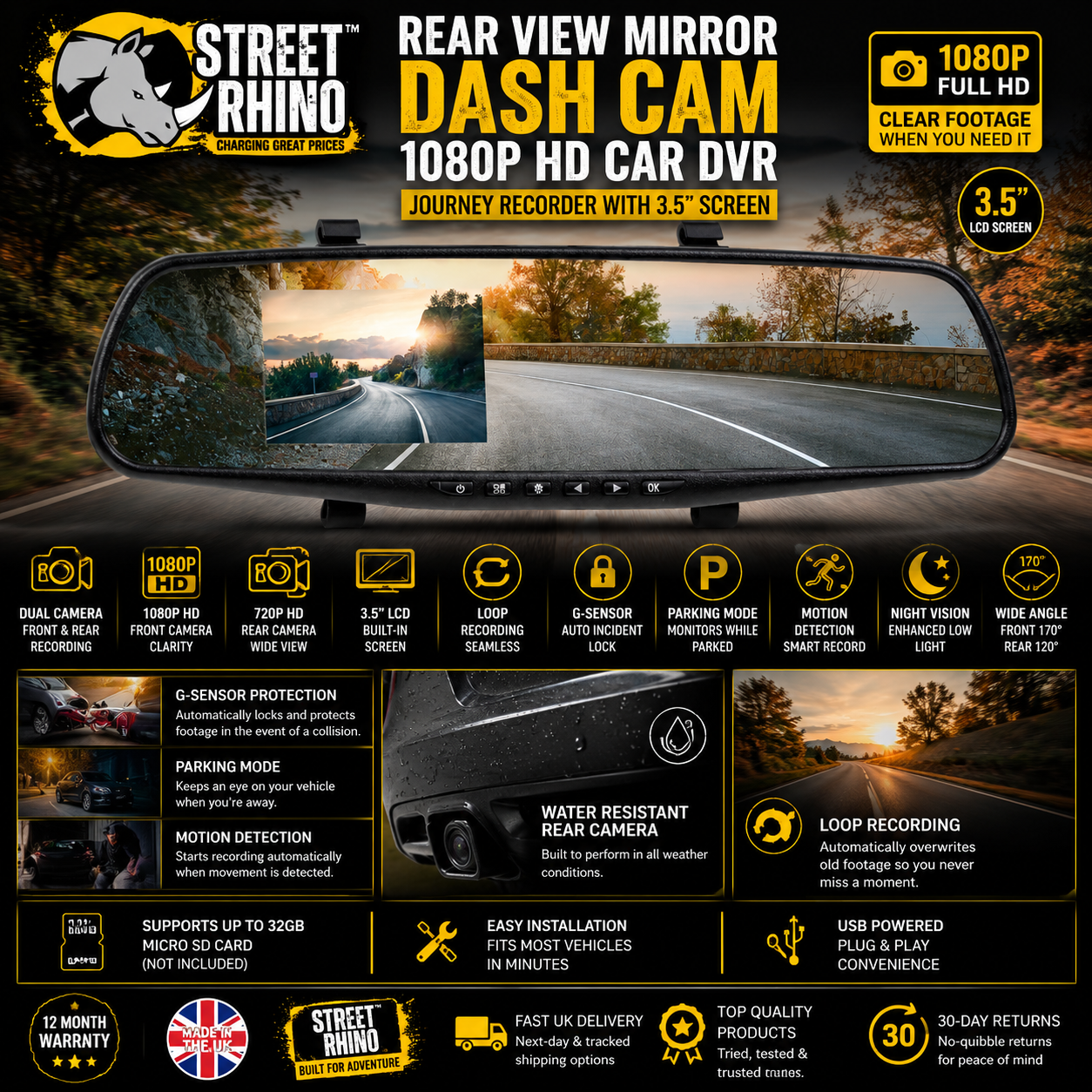 Rear View Mirror Dash Cam 1080P HD Car DVR Camera Journey Recorder 3.5" Screen