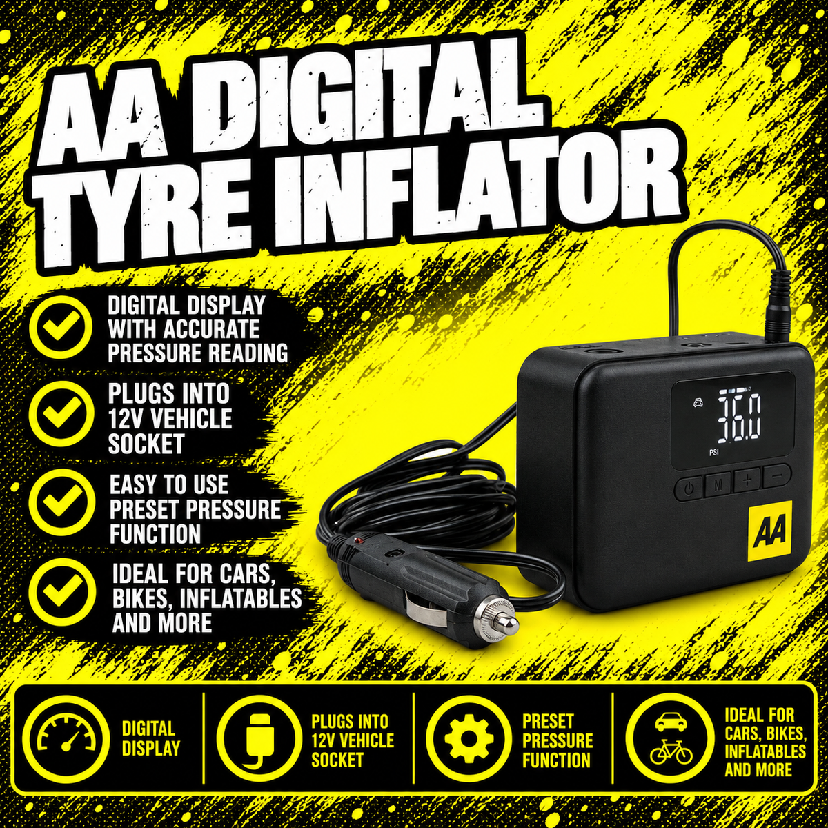 AA Cordless Tyre Inflator with Power Bank
