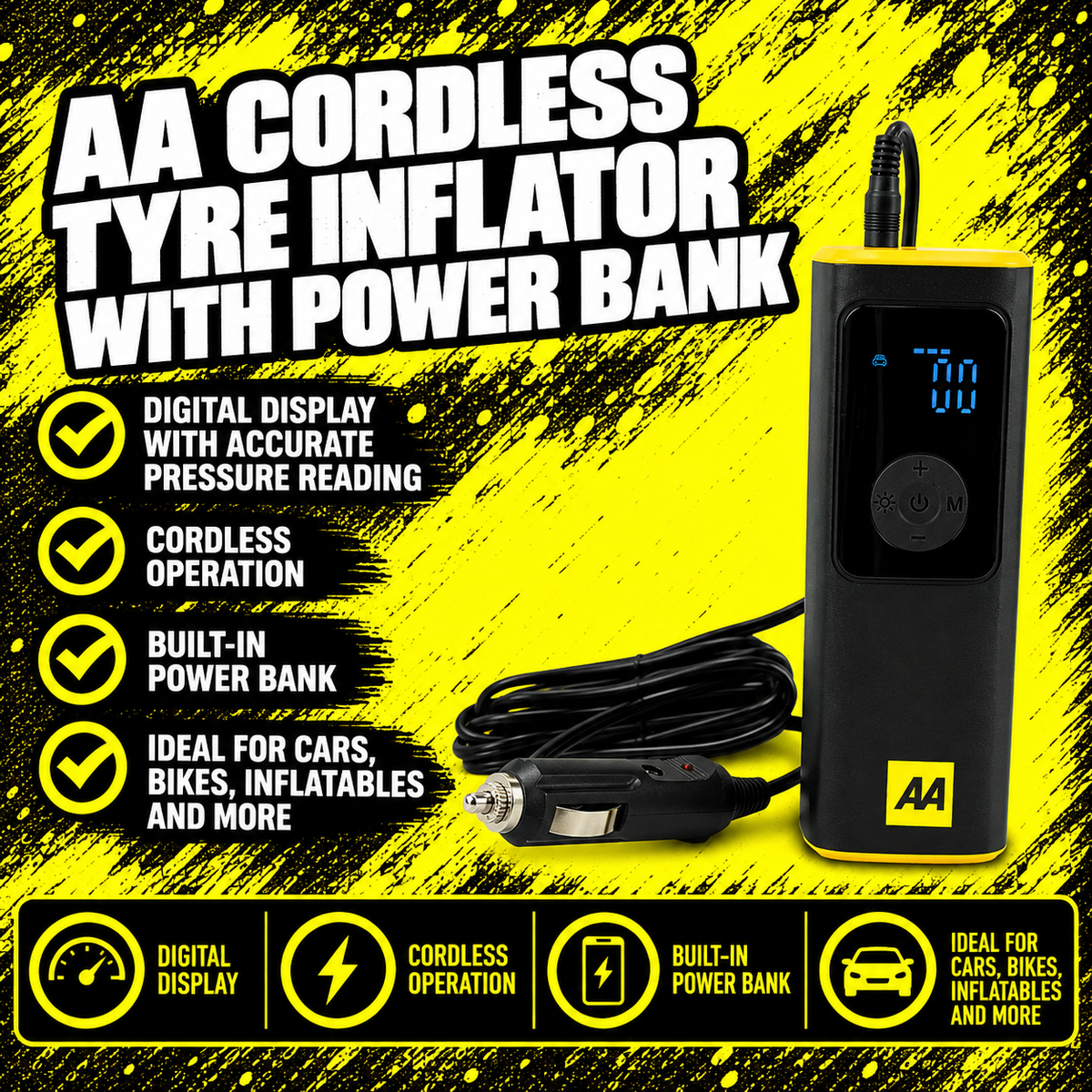 AA Rechargeable Tyre Inflator with 5000mAh Power Bank