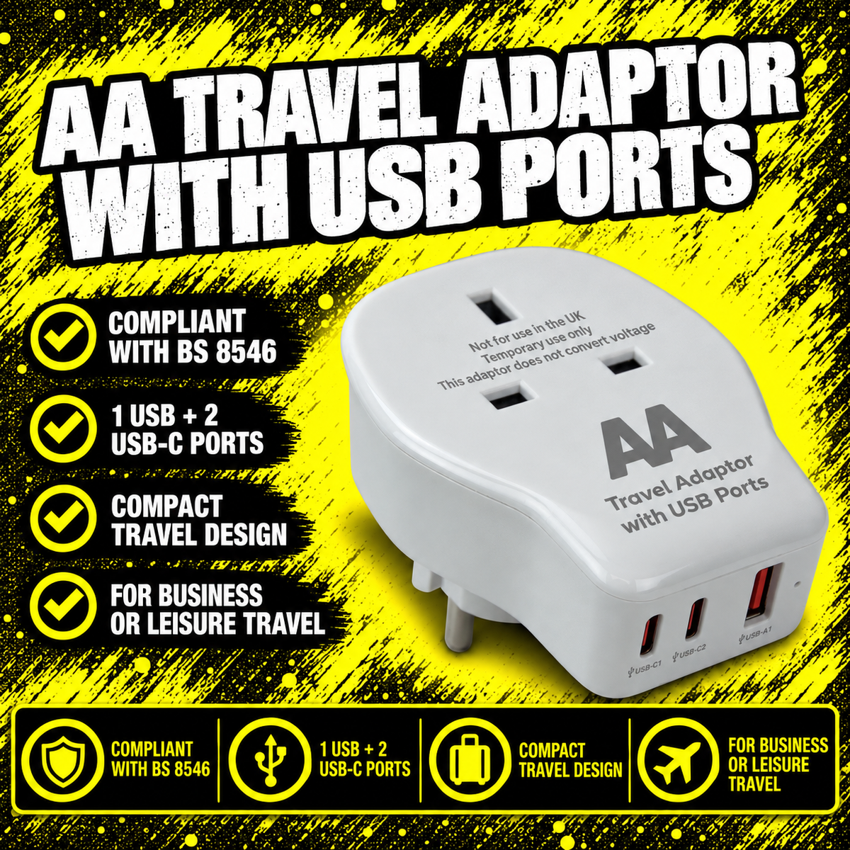 AA Travel Adaptor with USB and USB-C ports