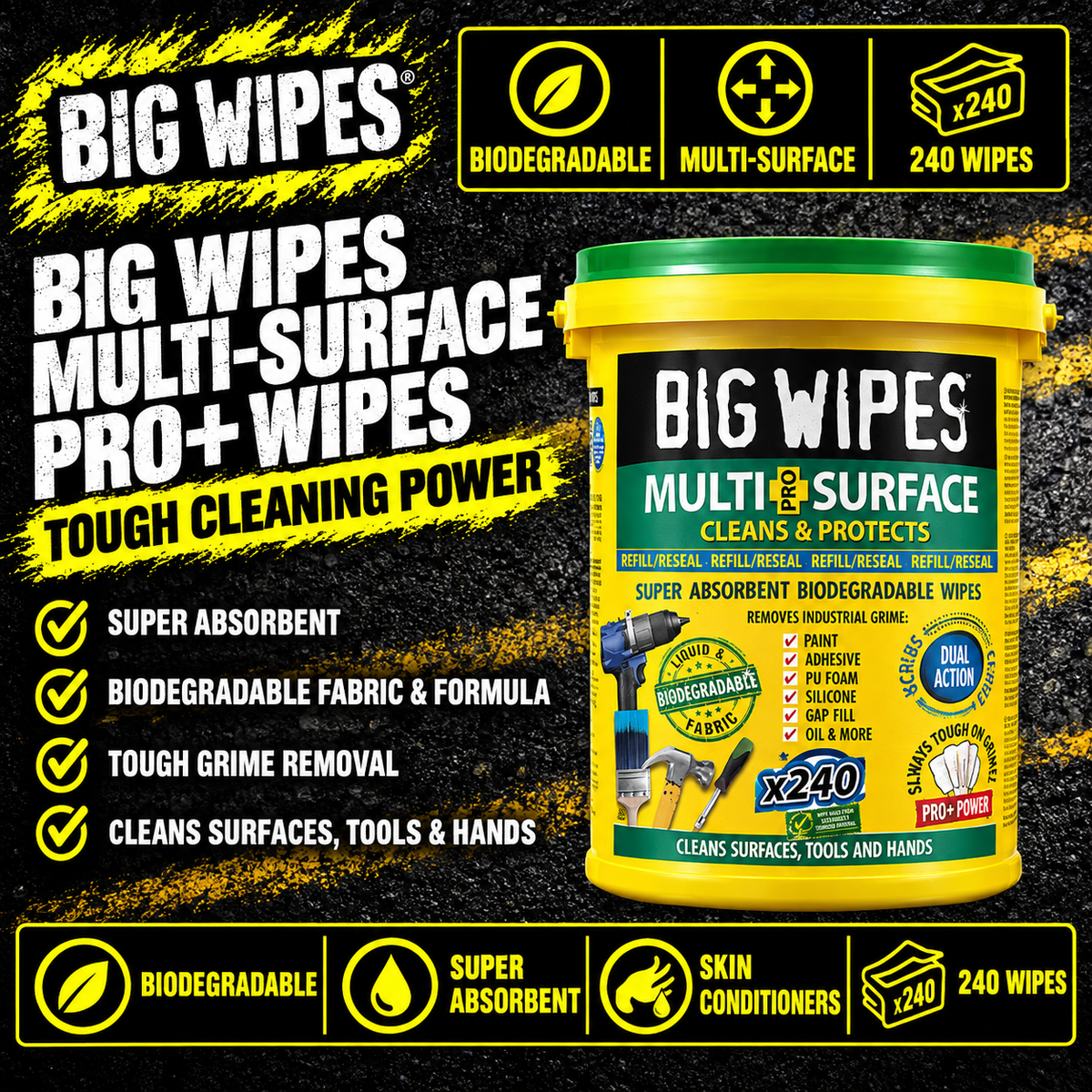 Big Wipes Multi-Surface Pro+ Bio 240 Wipes Bucket with green top