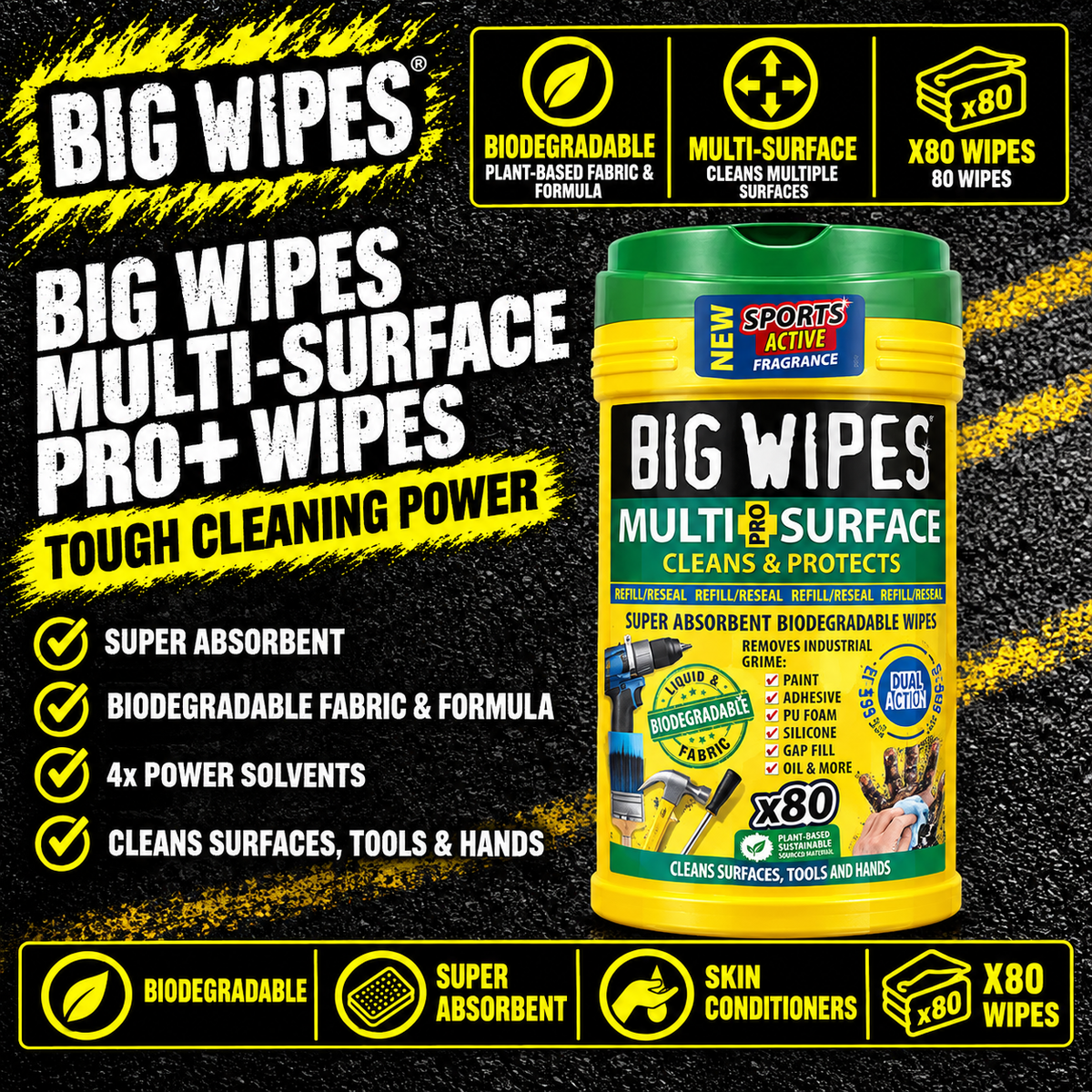 Big Wipes Multi-Surface Pro+ Bio 80 Wipes Tub with green top