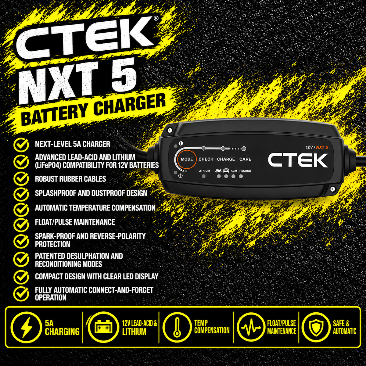 CTEK NXT 5 UK+G 5A 12V smart battery charger, CTEK NXT 5 UK+G battery charger front view, CTEK NXT 5 UK+G smart charger for lead-acid and lithium batteries