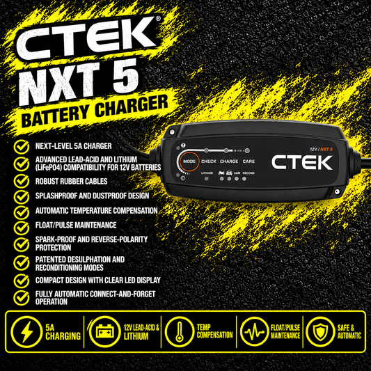 CTEK NXT 5 UK+G 5A 12V smart battery charger, CTEK NXT 5 UK+G battery charger front view, CTEK NXT 5 UK+G smart charger for lead-acid and lithium batteries