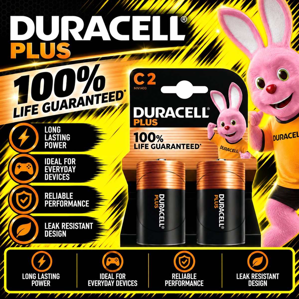 Duracell Plus C alkaline batteries 2 pack