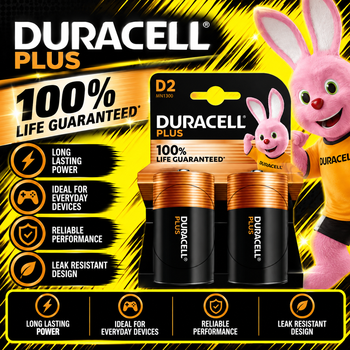 Duracell Plus D alkaline batteries 2 pack