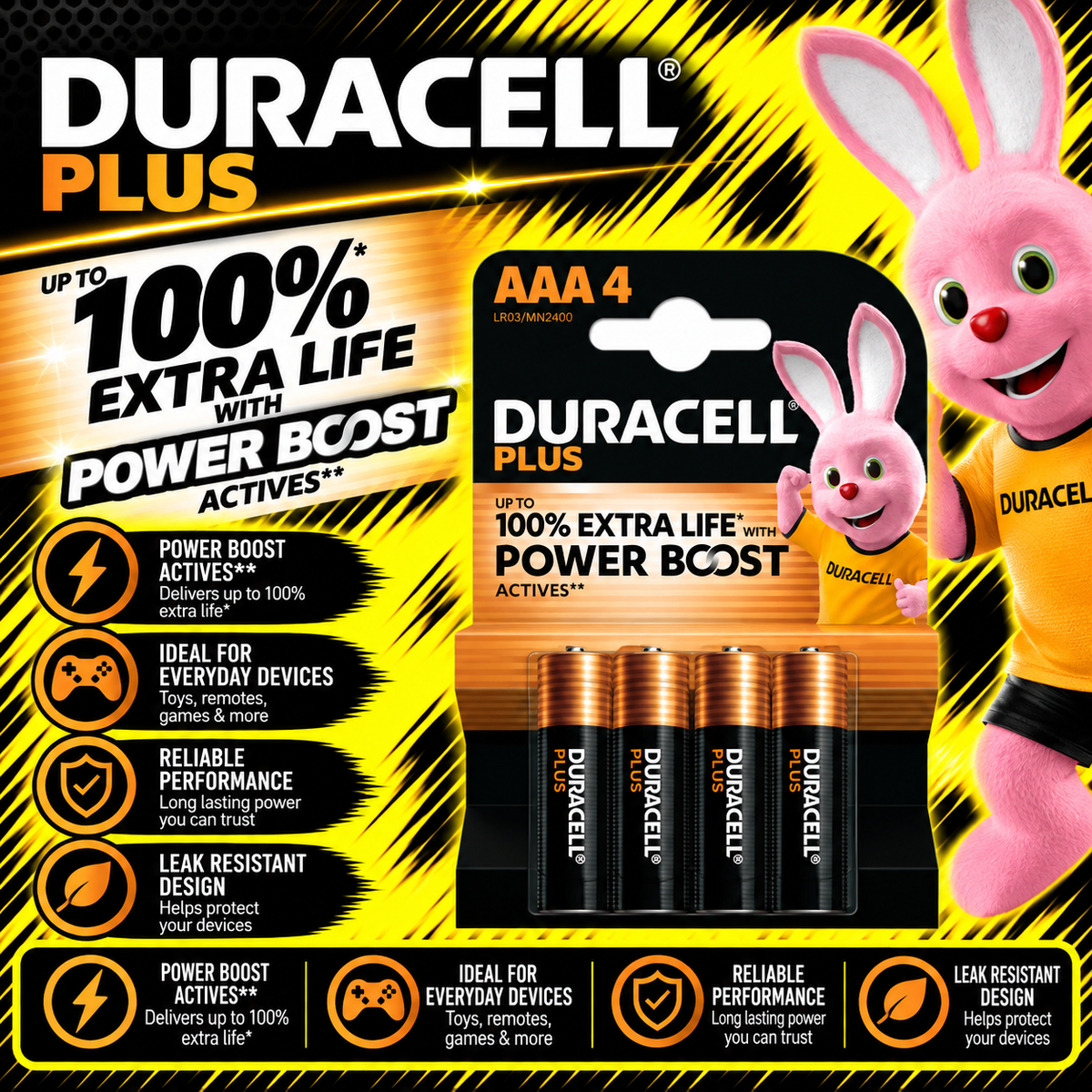 Duracell Power Boost AAA alkaline batteries 4 pack