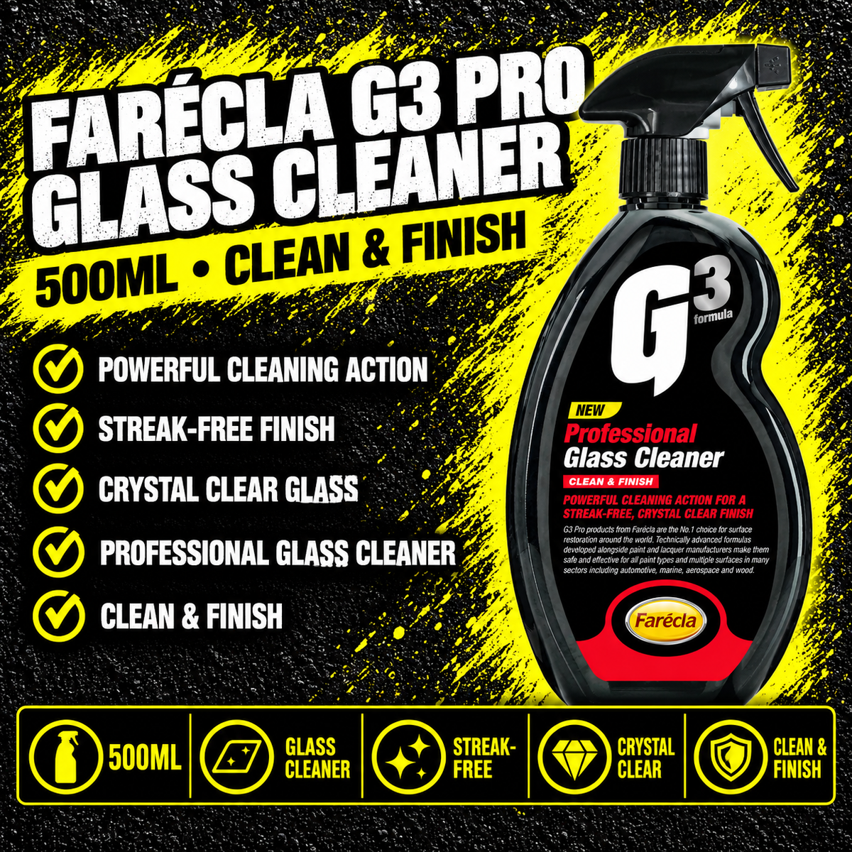 Farécla G3 Pro Glass Cleaner 500ml for streak-free vehicle glass