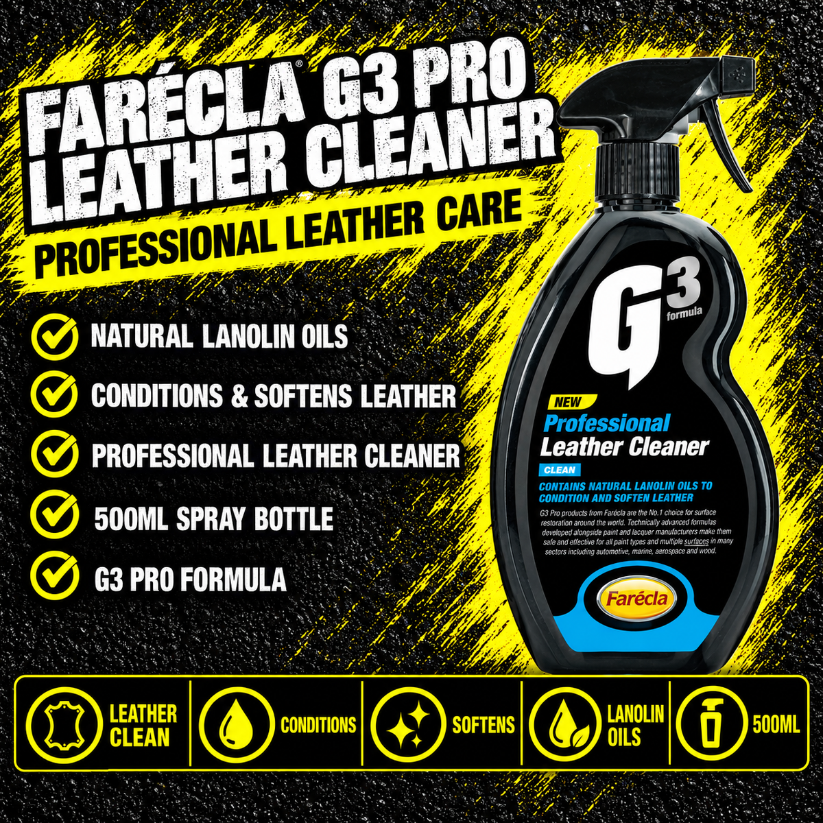 Farécla G3 Pro Leather Cleaner 500ml for vehicle leather interiors