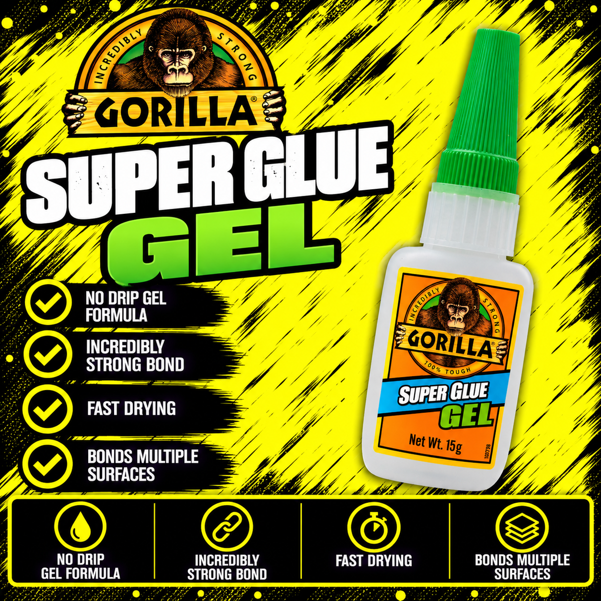 Gorilla Super Glue Gel 15g no-run adhesive