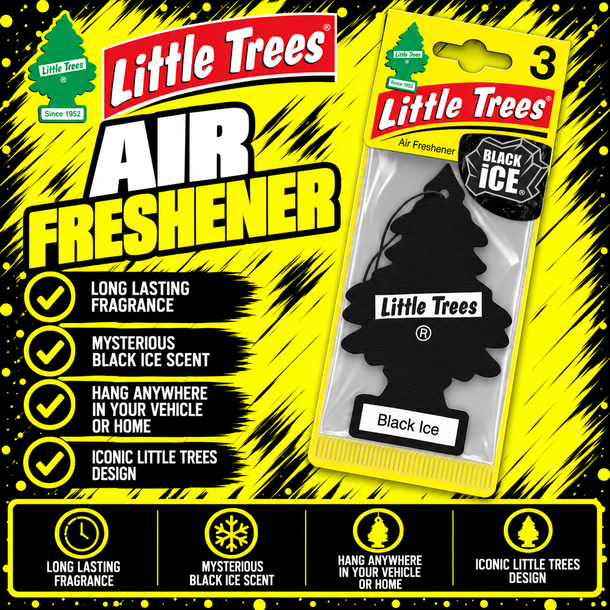 LITTLE TREES Black Ice Air Freshener Pack of 3