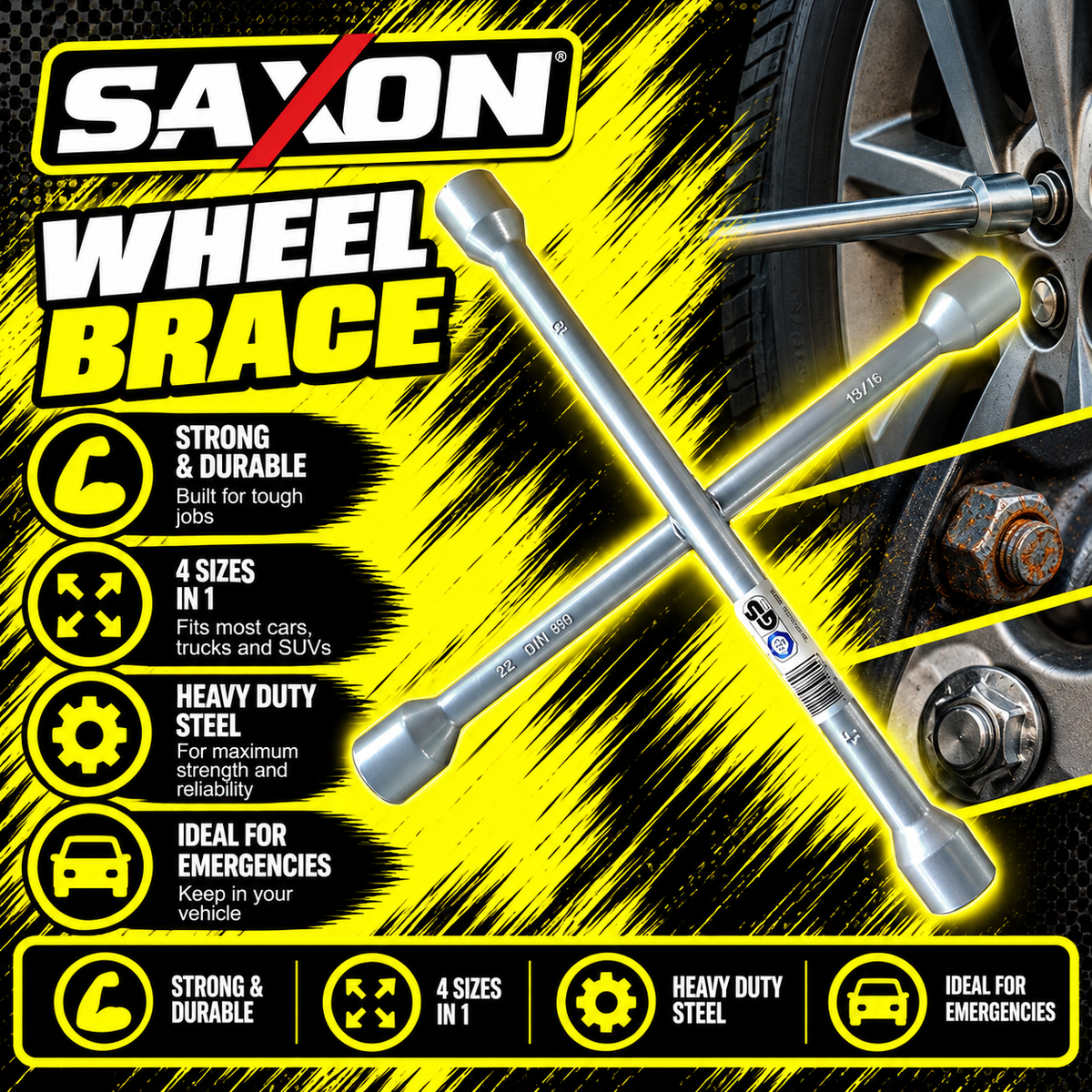 Sakura 4-way wheel brace with 13/16, 17mm, 19mm and 22mm fittings
