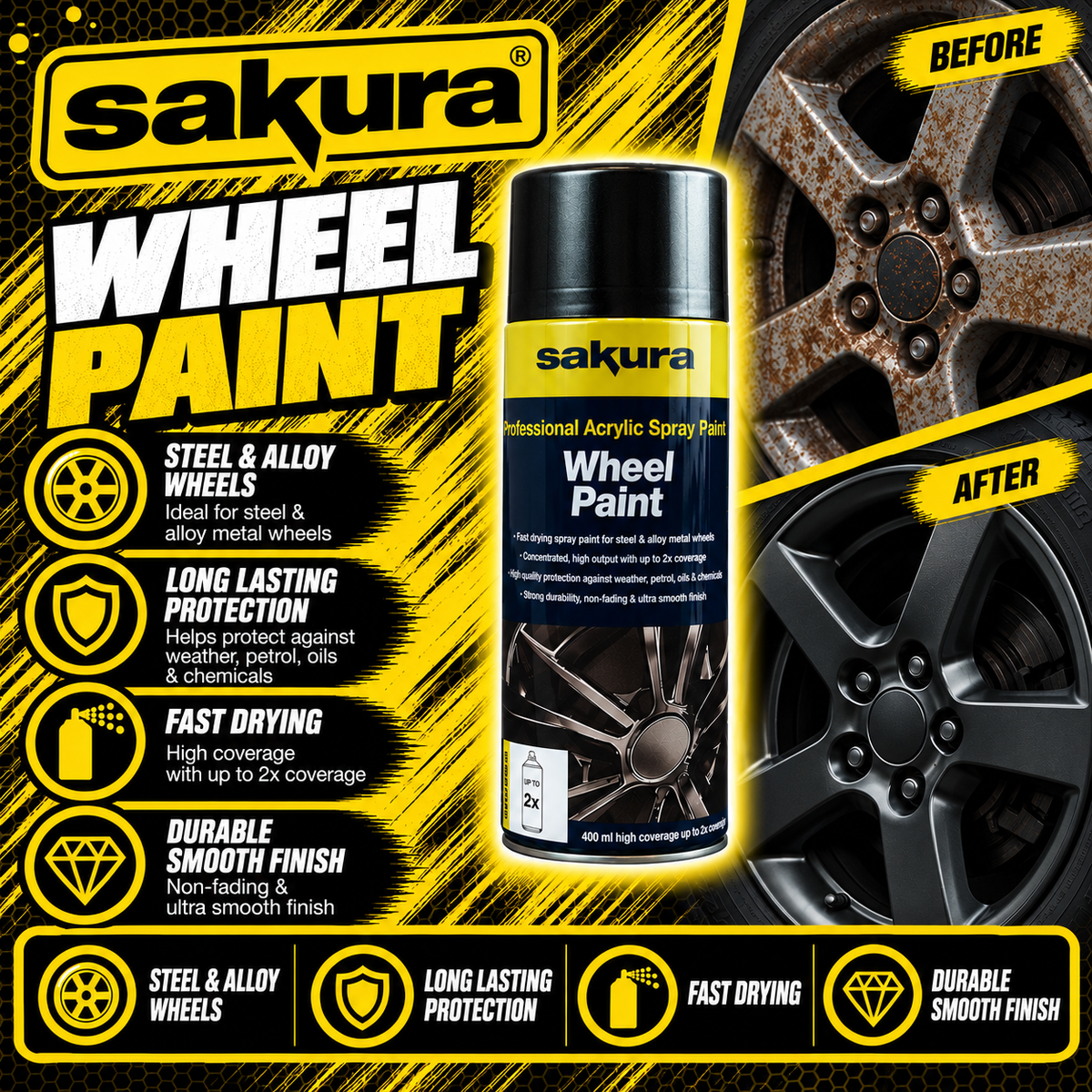 Sakura Gloss Black Wheel Paint 400ml aerosol