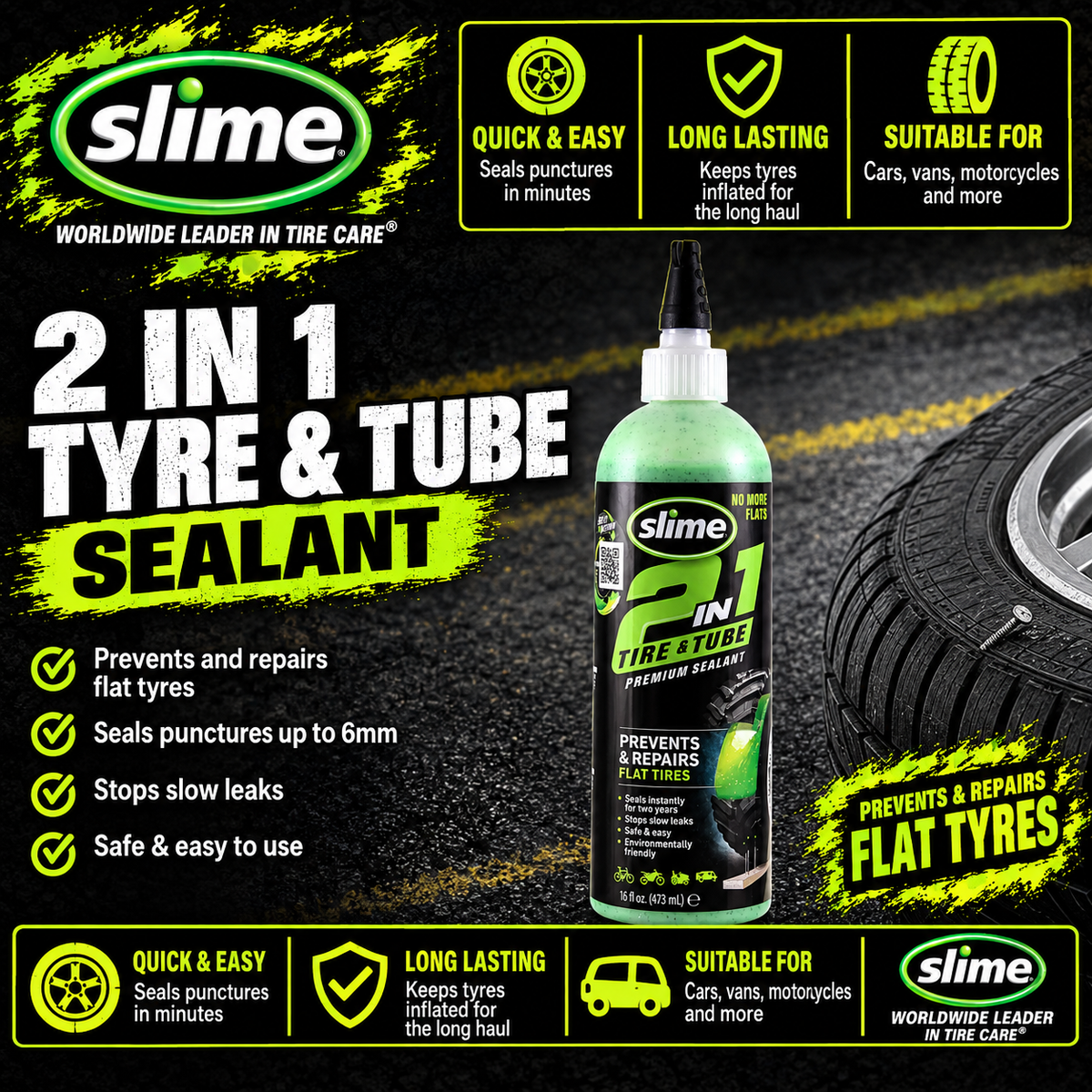 Slime 2-in-1 Tyre & Tube Premium Sealant 455ml