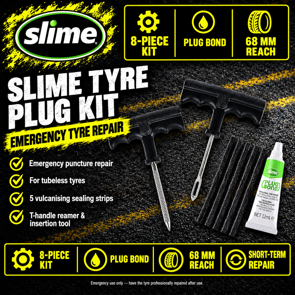 Slime 8-piece tubeless tyre plug repair kit
