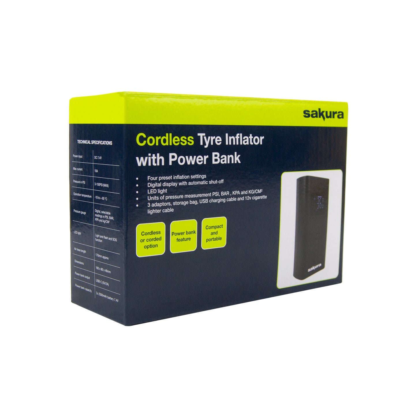 Sakura Cordless Tyre Inflator with Power Bank