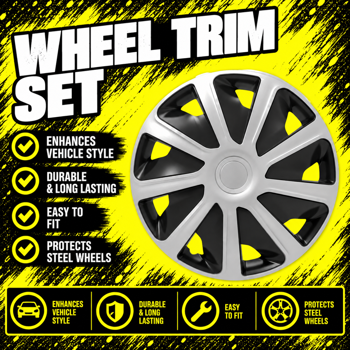 Versaco Craft Silver and Black 16 inch Wheel Trims Set of 4